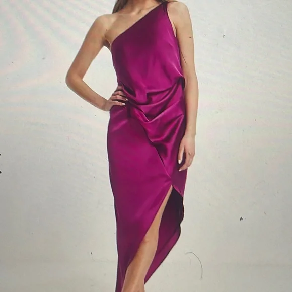 Dresses | Satin One Shoulder Drape Midi Dress In Mauve | Poshmark